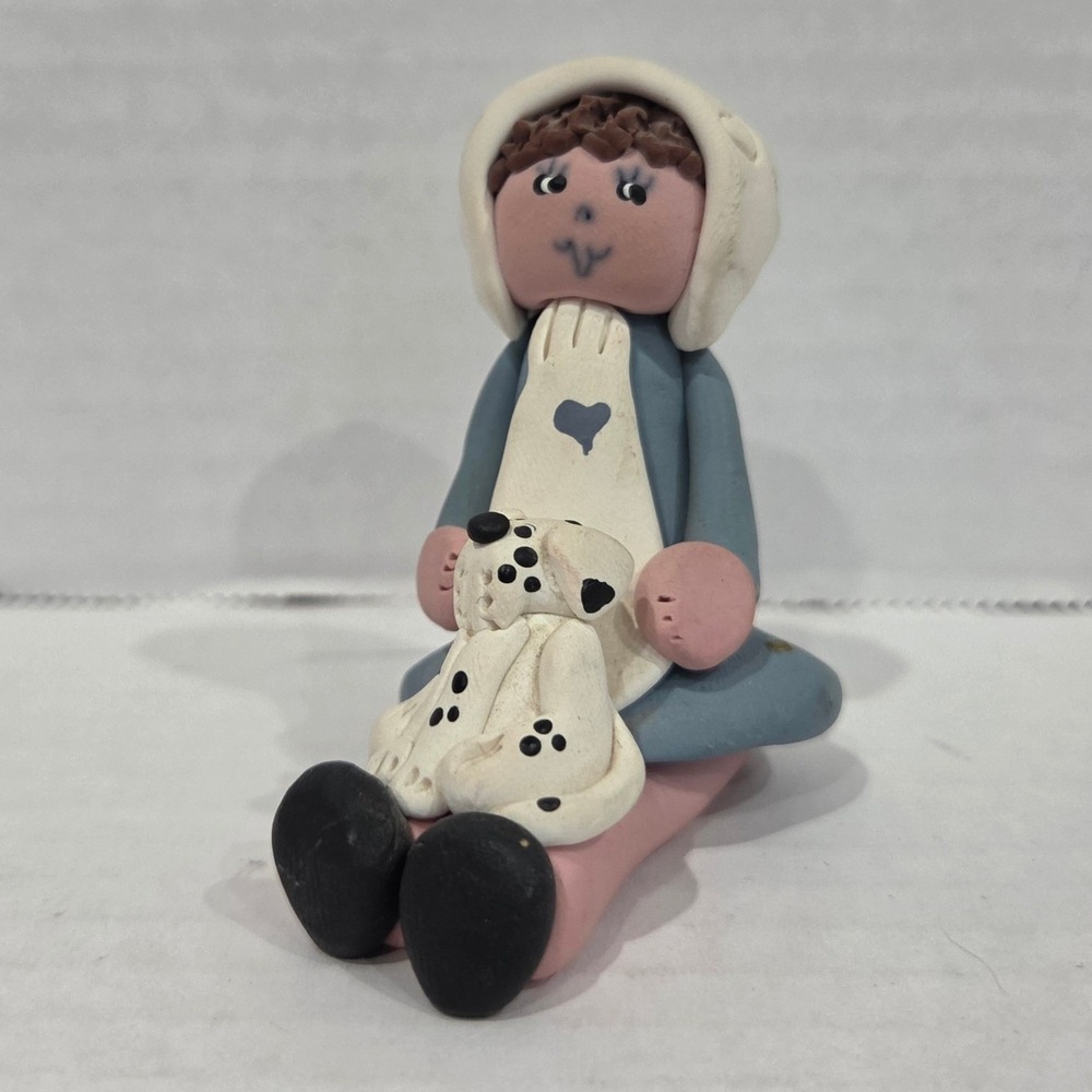 Handmade Polymer Clay Girl with Dalmatian Puppy Figurine Blue Dress 2.5 inch